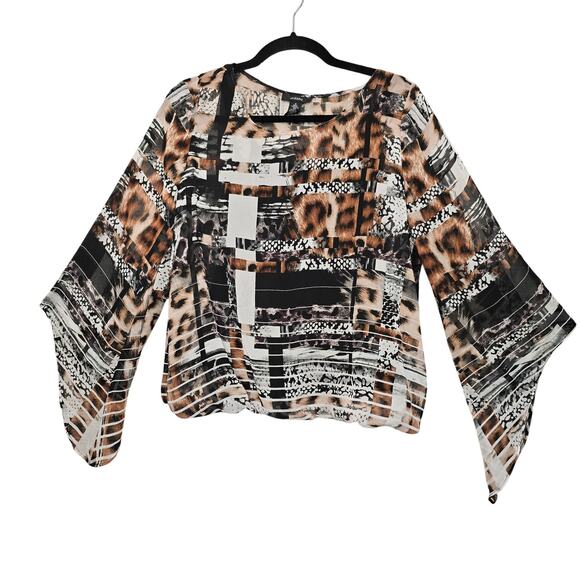 Alfani Blouse Womens Small Animal Print Sheer Flowy Bell Sleeve Top 90s Fairy - Picture 1 of 8